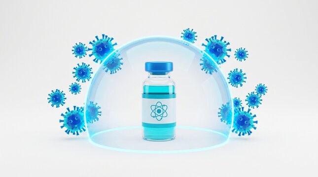 Medical vaccine vial protected by a glowing shield dome against floating blue virus cells for immunity and health protection