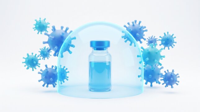 Protective vaccine vial in a clear shield against menacing pathogen cells, illustrating the power of medical science in fighting illness and promoting health and wellness