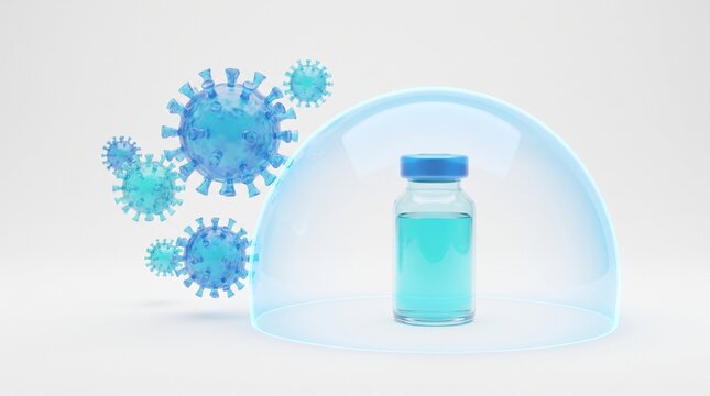 Medical vaccine vial safely protected under a transparent shield, symbolizing immunity and defense against dangerous virus particles for public health