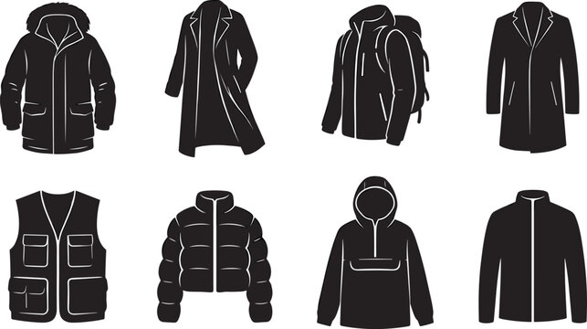 Set of outdoor clothing and winter jacket icons featuring parkas, trench coats, vests, and casual outerwear silhouettes