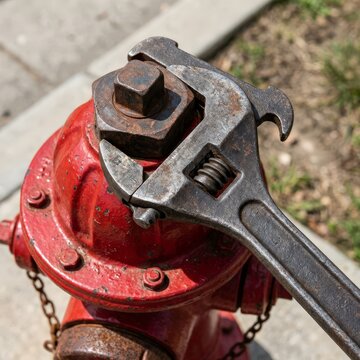Wrench set on a fire hydrant beside a sidewalk