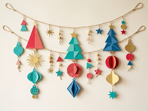 Handcrafted Paper Cut Garland with Happy New Year Sign and Christmas Trees. For New Year party decorations, Christmas event invitations, holiday greeting cards, festive banners, classroom displays