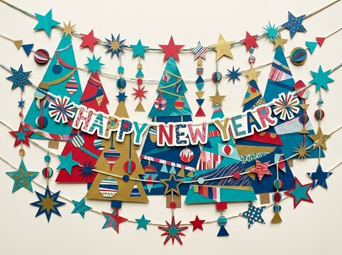 Handcrafted Paper Cut Garland with Happy New Year Sign and Christmas Trees. For New Year party decorations, Christmas event invitations, holiday greeting cards, festive banners, classroom displays