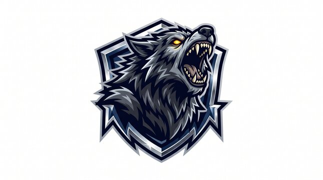 Werewolf mascot logo featuring fierce wolf head snarling inside metallic shield emblem design