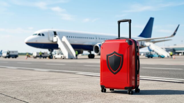A red suitcase with a shield emblem stands on the tarmac near an airplane preparing for boarding at an airport.