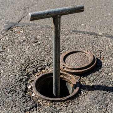 T-shaped key inserted into an open street utility cover