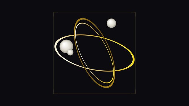 Golden orbital rings with rotating white spheres on black background