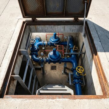 Water station pipes and valves inside access vault