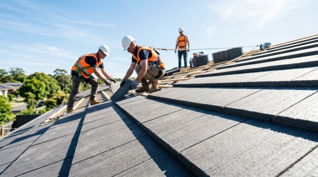 Three construction workers in safety gear installing large roof tiles on a sunny day.