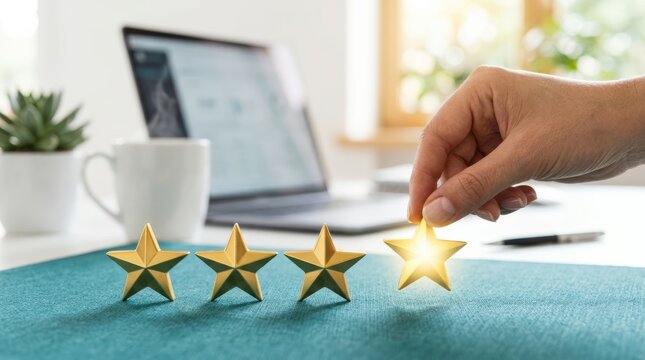 A hand places the fourth glowing star among three other golden stars on a blue surface, symbolizing a four-star rating with a laptop and coffee cup in the background.