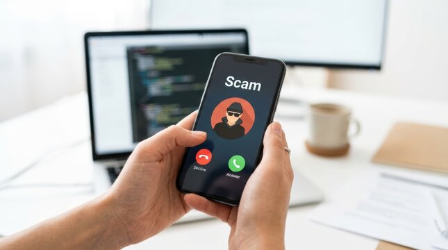A person holding a smartphone displaying an incoming call labeled "Scam" with accept and decline options, set against a blurred background of a laptop and office desk.