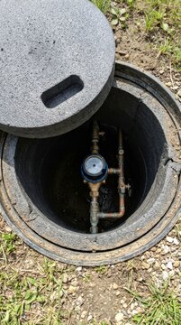 Water meter and pipes inside a ground access chamber