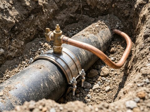 Service saddle installed on a buried water pipe