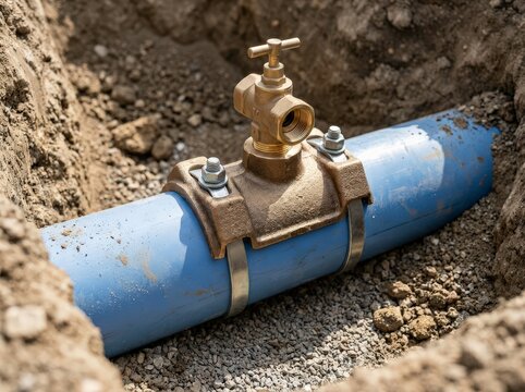 Service saddle valve fitted to a blue water pipe