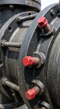 Restraint gland with red bolts on a pipe flange