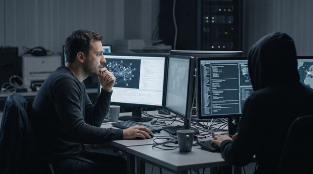 Cyber security experts and software developers working on dual monitors in a dark office environment. Cybersecurity and coding concept.