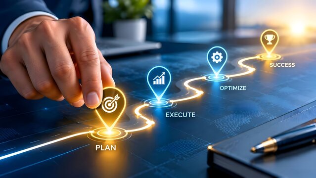 Business executive hand touching a strategic roadmap milestone marker from Plan, Execute, Optimize, to Success on digital desk