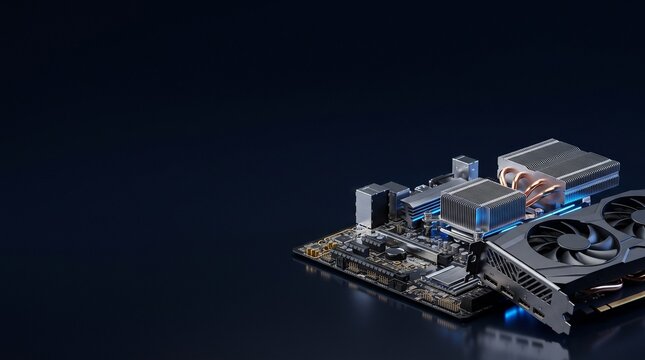 Computer motherboard with cooling system and graphics card on a dark blue background