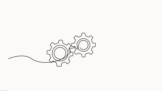 Minimalist continuous line art drawing of rotating gear wheels turning into paper airplane soaring over white background representing innovation logic.