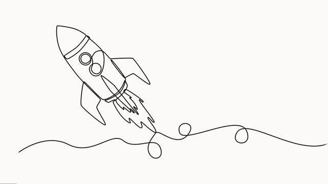 Minimalist rocket ship takeoff animation in continuous line art style over white background symbolizing progress innovation growth and future exploration.