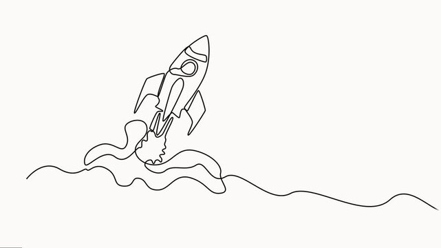 Rocket launch continuous line drawing animation with exhaust smoke on white background represents space exploration science and technology innovation.