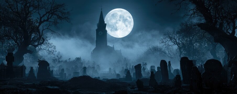 A spooky cemetery at night with a full moon illuminating tombstones and a foggy atmosphere around a dark church silhouette.