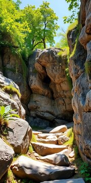 Rough-hewn stone formation amidst lush greenery and natural light, rock, landscape