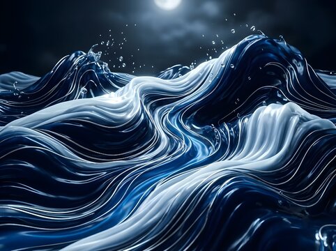 Abstract Navy Blue Liquid Waves Under Full Moon With Silver Lines and Droplets