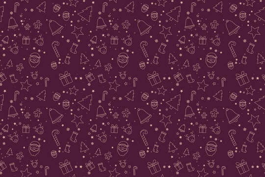 Purple Christmas seamless pattern with festive holiday icons, elegant winter background with line art Santa and bells, holiday vector wallpaper