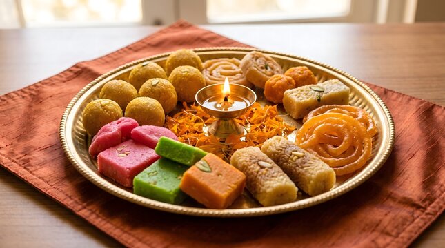 Assorted Indian sweets on a thali for Dussehra festival