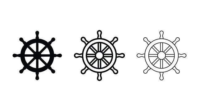 Ship steering wheel icon set in solid and outline style vector