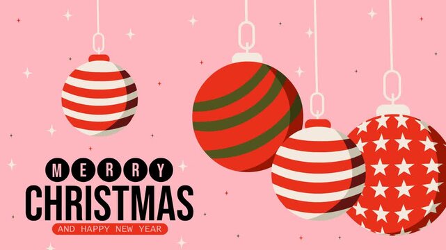 4K flat retro Christmas loop: pastel pink backdrop with sparkling starlets, featuring large dangling striped and star-patterned red baubles alongside bold black Merry Christmas typography.