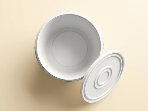 Empty white round plastic food container with a lid placed next to it on a soft light surface top. 5 gallon bucket