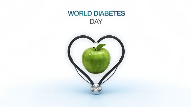 World diabetes day text with green apple and stethoscope heart on white background