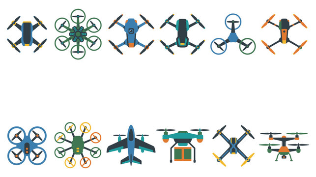 Unmanned aerial vehicle drone set with various quadcopter models.