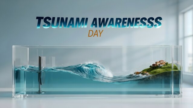 Tsunami awareness day text above water wave model in a glass tank display