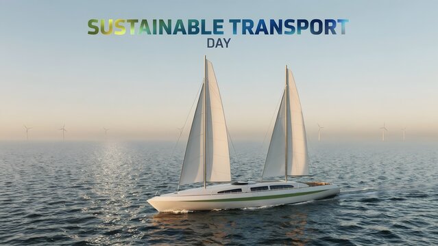Sustainable transport day sailboat sailing on calm ocean with distant wind turbines