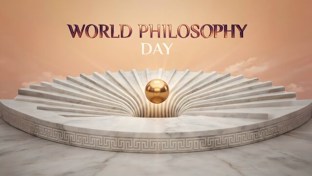 World philosophy day text with golden sphere on marble pedestal in soft light