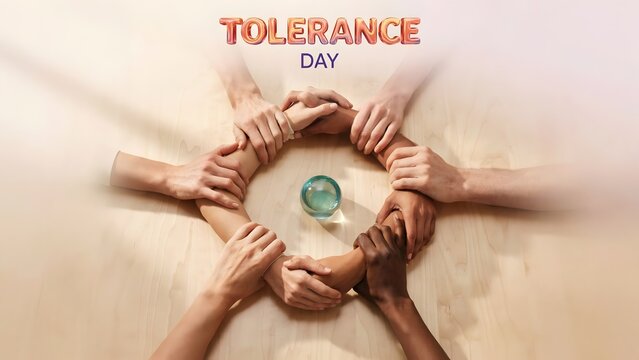 Tolerance day text with diverse human hands joined in circle on wooden surface