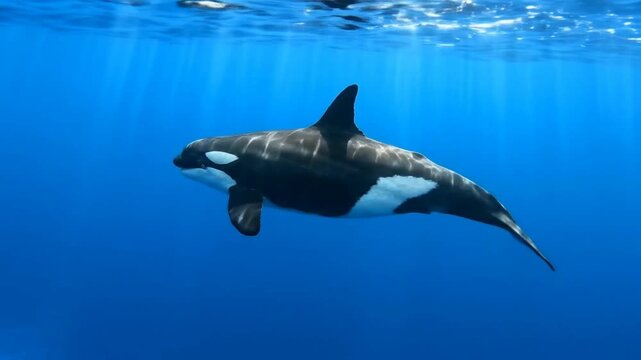 Majestic Orca Killer Whale Swimming Peacefully Underwater in Deep Blue Sea with Sunlight Rays