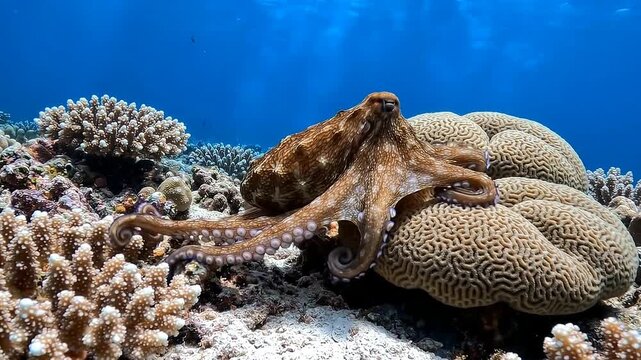 Wild octopus crawling on brain coral in the blue ocean with sunlight rays on a healthy coral reef