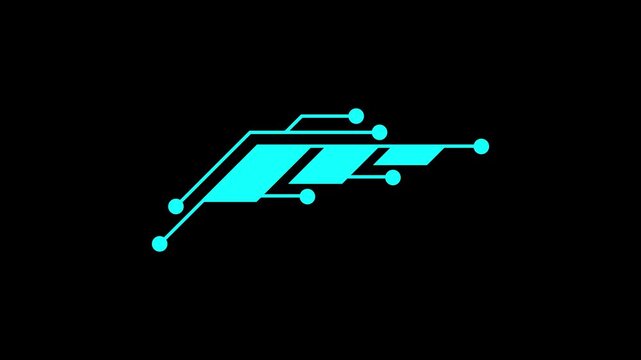 Abstract digital technology logo design with circuit board lines and geometric shapes in cyan blue on a black background