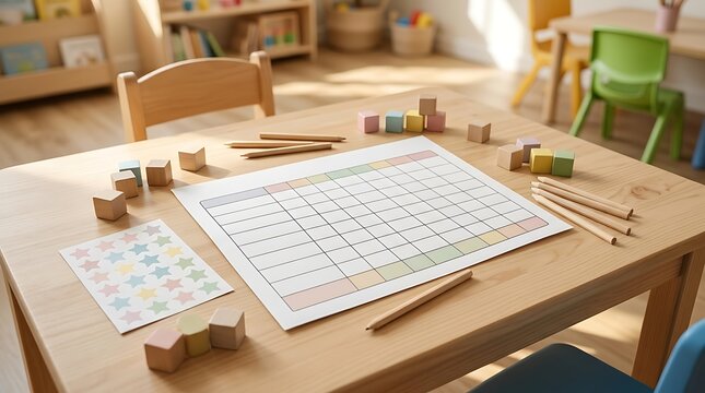 Blank Progress Tracking Chart and Star Stickers on a Wooden Table in a Sunny Classroom for Early Education and Positive Reinforcement