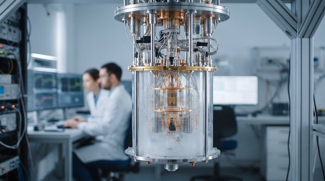 Scientists monitoring a complex quantum computer in a modern lab