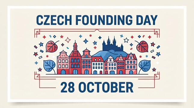 Czech founding day celebration poster with prague city skyline and autumn leaves on a light background