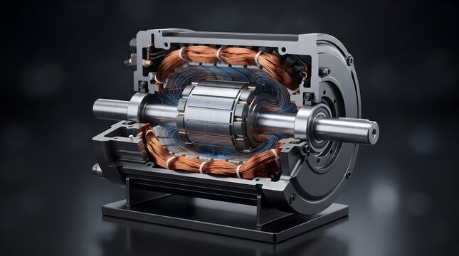 Electric motor cross section showing internal copper windings and rotor