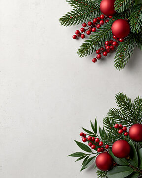 Vertical holiday social media background with a small cluster of realistic evergreen branches, red berries and matte ornaments arranged in the lower right corner, warm ivory textured backdrop, soft