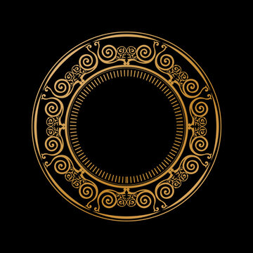 Luxury Gradient Gold Round Vintage Frame Ornament on Black Background. 143