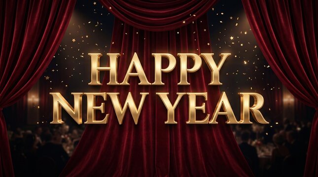 Happy New Year gold text on red velvet curtains with falling confetti, festive holiday celebration banner background