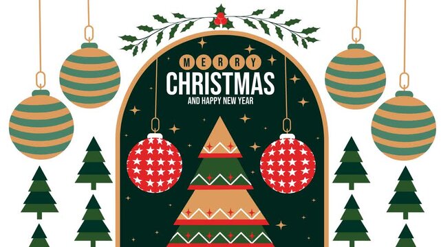 4K retro Christmas loop: dark green arch framing a geometric tree and red star baubles under holly sprigs, set between green striped ornaments and pine trees on a white backdrop.